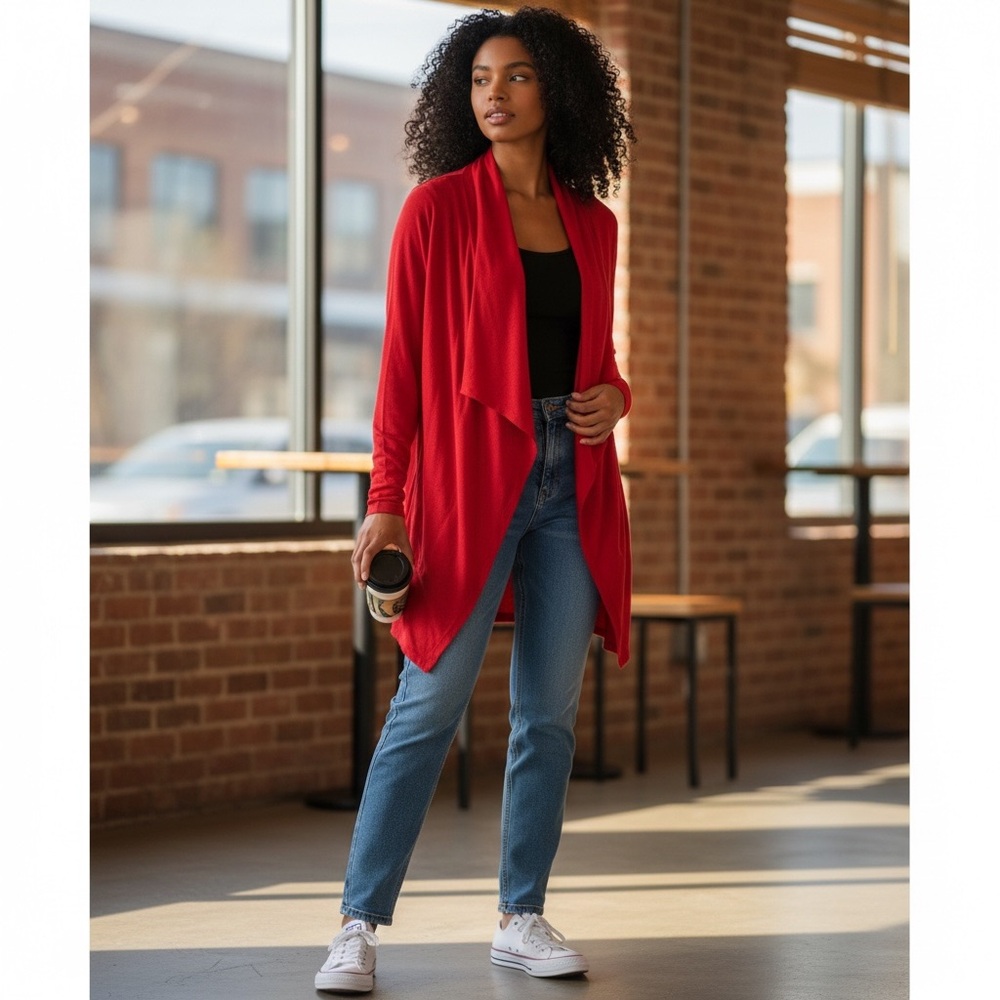 Worthington Red Open-Front Cardigan Sweater‎ 1X | Lightweight Draped Knit